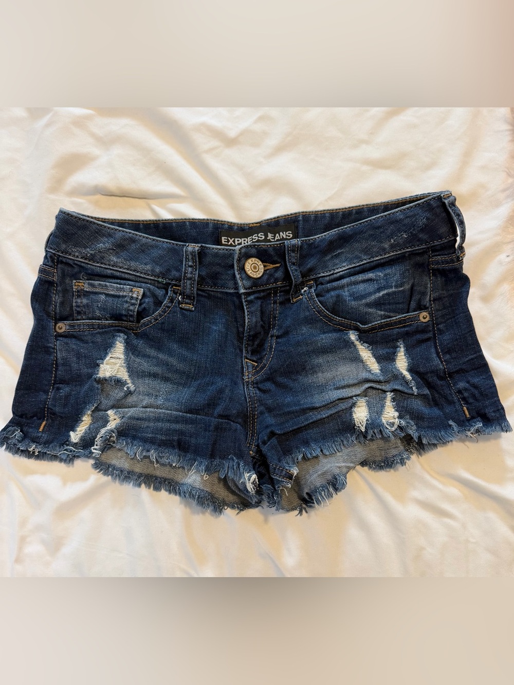 Express Women’s Dark Blue Distressed Denim Cutoff Shorts